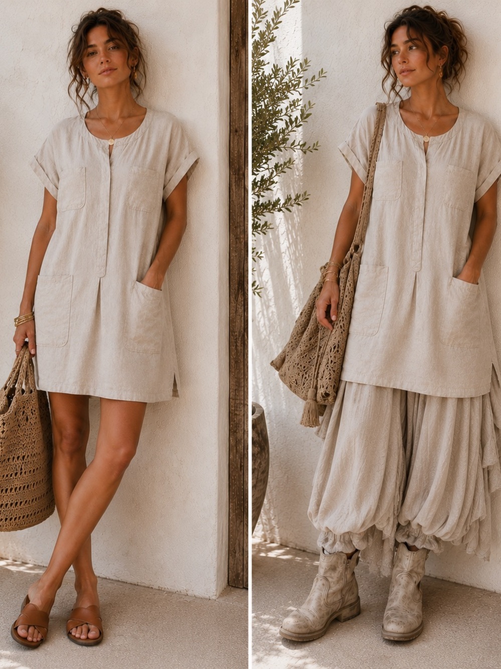 Linen Blend Utility Tunic Dress XL Beige 4 Pocket Coastal